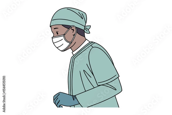 Obraz A cartoon illustration of a medical professional wearing a surgical cap mask gown and gloves ready for a procedure