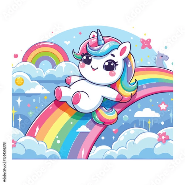 Obraz Cute cartoon unicorn sitting on a vibrant rainbow with fluffy clouds and stars