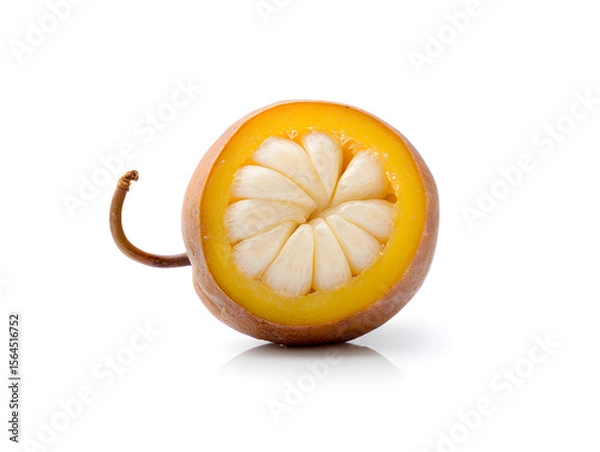 Fototapeta Halved Mammea Americana, revealing the vibrant yellow flesh and creamy white segments, sitting isolated on a stark white background, highlighting its unique texture and exotic appeal.