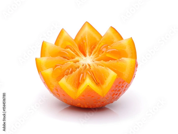 Fototapeta Artistically cut orange with a creative design on a white background, showcasing its vibrant color and unique presentation, ideal for culinary or healthy eating themes.