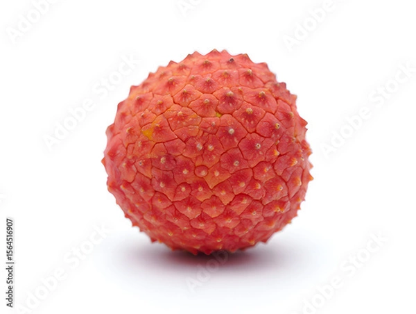 Fototapeta Studio shot of a single ripe lychee fruit with a textured red skin, isolated on a pristine white background, showcasing its unique vibrant color and fresh appearance. 