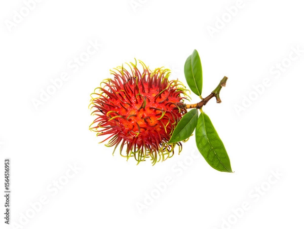 Fototapeta Vibrant red rambutan fruit still on the branch with green leaves, isolated against a clean white background, showcasing tropical freshness and exotic appeal for healthy eating and culinary creativity