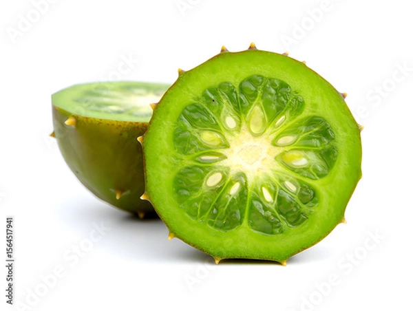 Fototapeta Vibrant cross-section of a halved kiwano melon, showcasing its green pulp, seeds, and spiky exterior on a clean white background, ideal for food and health product advertising.