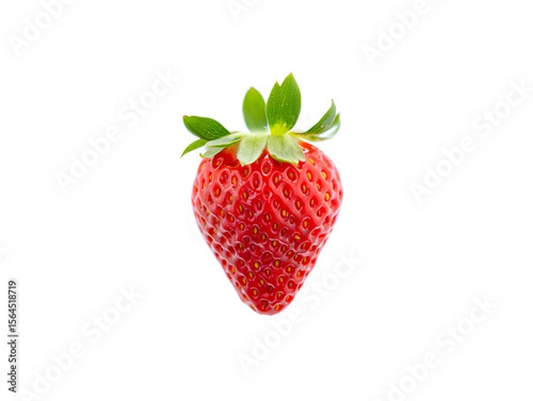 Fototapeta A single, perfectly ripe red strawberry with vibrant green leaves, isolated on a clean white background, showcasing its texture and freshness, ideal for food photography and healthy eating concepts.