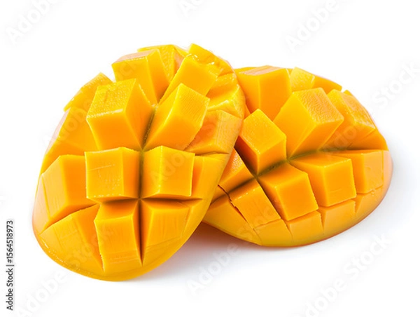 Fototapeta Two halves of a ripe mango fruit sliced into cubes, presented on a clean white background, showcasing the vibrant yellow color and geometric pattern of the cut fruit.