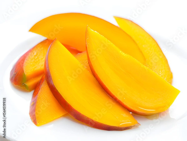 Fototapeta Vibrant slices of ripe mango arranged artfully on a pristine white plate, showcasing their juicy texture and inviting color on a bright white background.