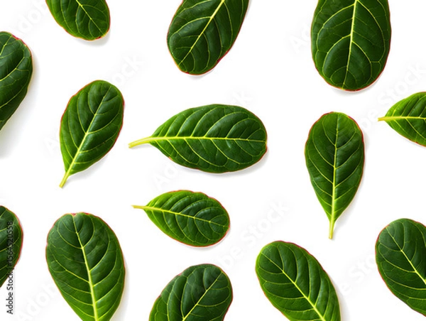 Fototapeta Vibrant green tropical almond leaves arranged on a clean white background, showcasing nature's beauty and creating a refreshing, minimalist, and serene visual experience.