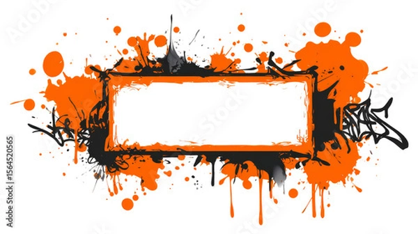 Fototapeta Orange and black splatter frame design with irregular rectangle shape on transparent background.
