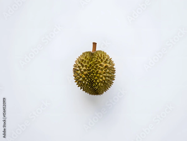 Fototapeta Single whole durian fruit, known for its strong odor, isolated on a clean white background, showcasing its spiky green husk and textured surface, in a simple studio shot.