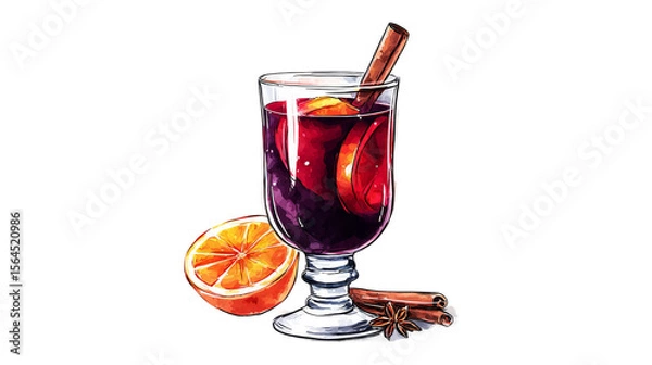 Fototapeta Hot mulled wine drink served in a footed glass with cinnamon sticks and orange slice.