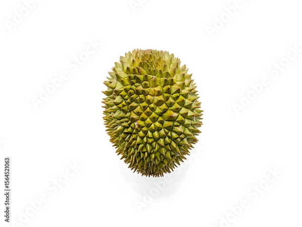 Fototapeta Studio shot of a whole durian fruit, known for its distinctive odor, isolated against a clean white backdrop, highlighting its unique spiky green rind and oblong shape.