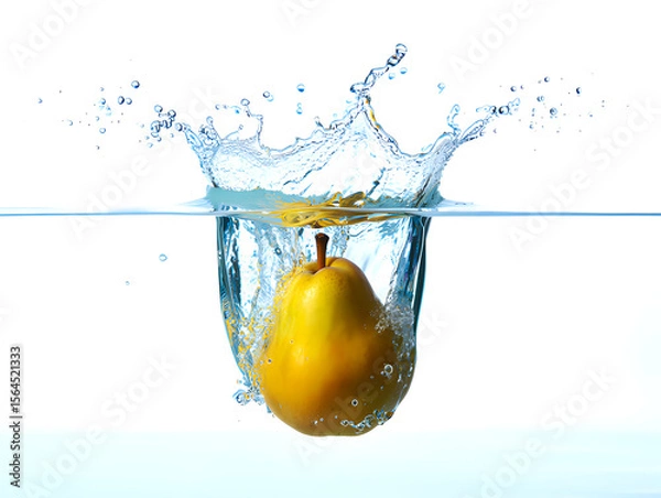 Fototapeta A ripe yellow pear makes a splash as it falls into clear water, creating a dynamic crown of droplets against a crisp white background, showcasing freshness and vitality.