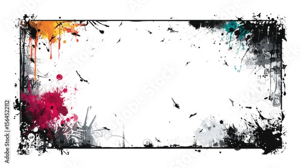 Fototapeta Colorful decorative frame with splattered paint and dark elements, object isolated on transparent background.
