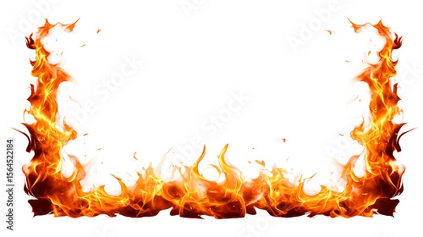 Fototapeta Bright orange flames frame a blank space on a transparent background.
