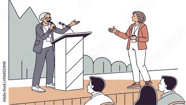 Fototapeta Engaging Business Conference Presentation: Speaker and Moderator on Stage, Illustrated in Minimalist Style
