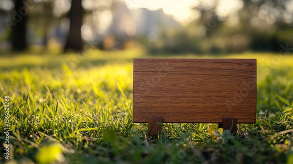 Fototapeta Wooden sign on grass in a sunlit park setting.