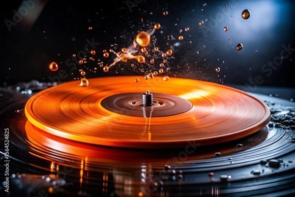 Fototapeta A vibrant orange vinyl record spins on a turntable, with liquid splashing dynamically across its surface, creating a captivating display of energy and retro style