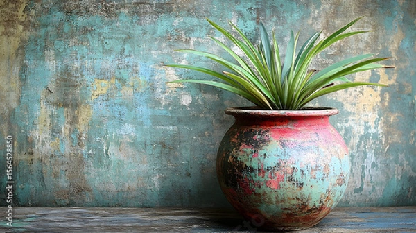 Fototapeta Vivid Plant in a Rustic Pot Against a Textured, Weathered Wall