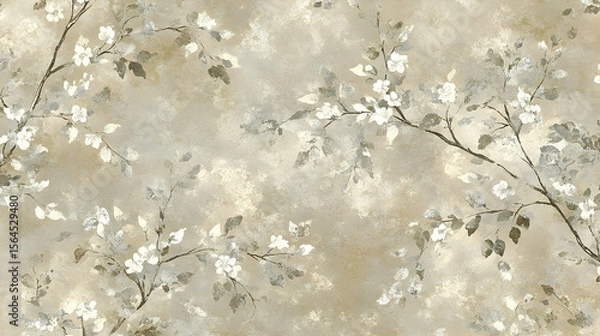 Fototapeta Artistic Floral Branches with White Blossoms and Textured Neutra