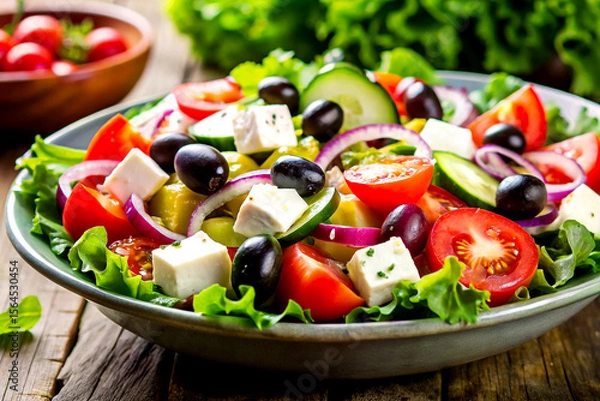 Fototapeta Colorful Close-Up of Fresh Greek Salad with Crisp Vegetables, Olives, and Feta Cheese, Generative AI