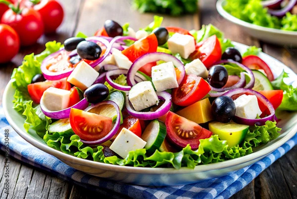 Fototapeta Close-Up View of Fresh Greek Salad with Feta, Olives, and Crisp Vegetables, Created with AI Generative