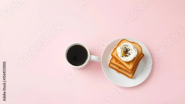 Fototapeta Minimalist Breakfast with Toast and Coffee on Pink Background