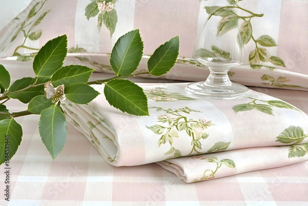 Fototapeta Fresh Green Leaves and Floral Linen with Glassware on a Pink Che