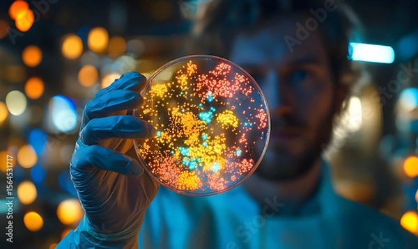 Fototapeta Scientist Holding Petri Dish with Glowing Bacteria, Illuminated