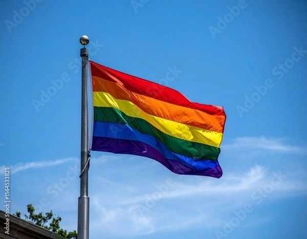 Fototapeta GLBTQ rainbow flag waving on its flagpole AI generated