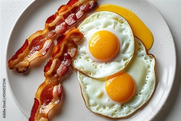 Fototapeta Classic Fried Eggs and Crispy Bacon on a White Plate – Breakfast Concept  |  illustration