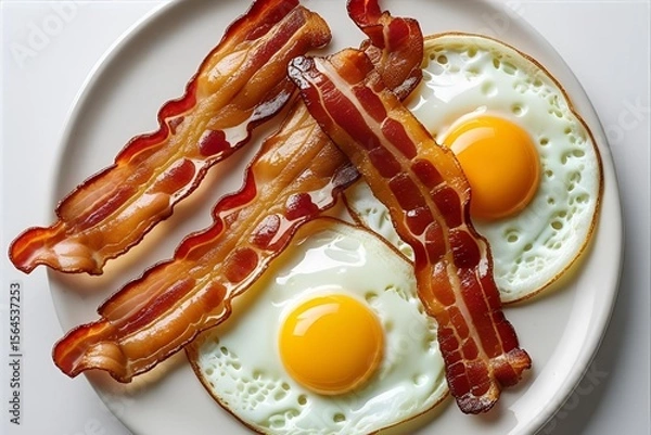 Fototapeta  A delicious and classic breakfast scene featuring two sunny-side-up fried eggs and crispy bacon strips arranged on a clean white plate.  | illustration