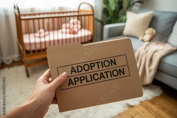 Fototapeta person hold adoption application file in baby room with crib