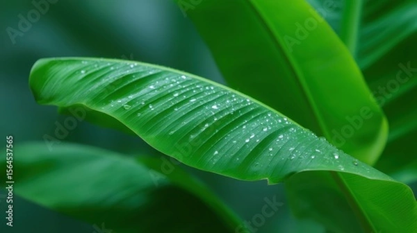 Obraz Close-up of fresh green banana leaves with water droplets