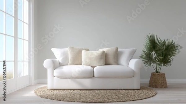 Obraz Modern minimalist living room with white sofa and greenery