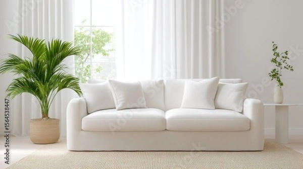 Obraz Modern minimalist living room with white sofa and greenery