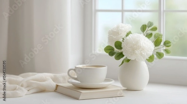 Obraz Serene morning scene with coffee and fresh flowers by the window