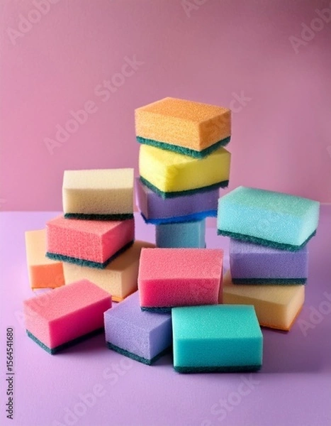 Obraz Many pastel color kitchen sponges on lilac table on pink pastel background. Generated image