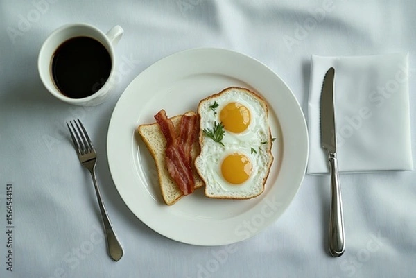 Fototapeta Homemade American breakfast. Fried eggs with bacon and toast, a cup of coffee, a knife and fork on a white table. Healthy breakfast. The concept of healthy eating. Top view