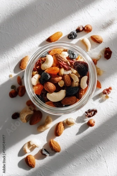 Obraz Jar of mixed nuts and dried fruit on white background