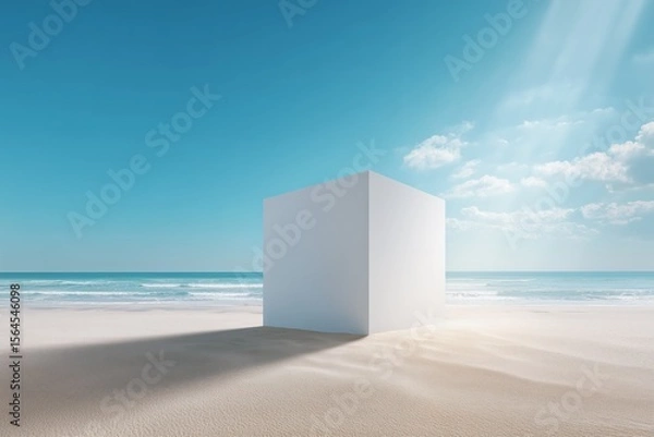 Obraz White cube on sandy beach with long shadow, bright daylight, ocean view