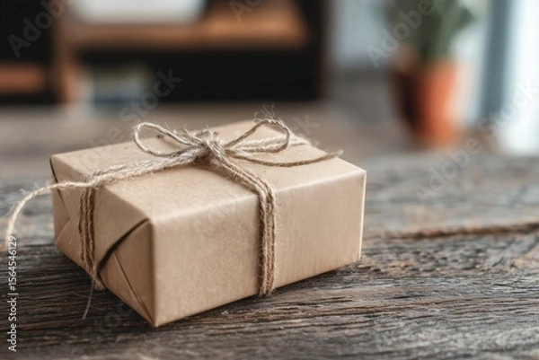 Obraz Gift box wrapped in kraft paper with twine on rustic table