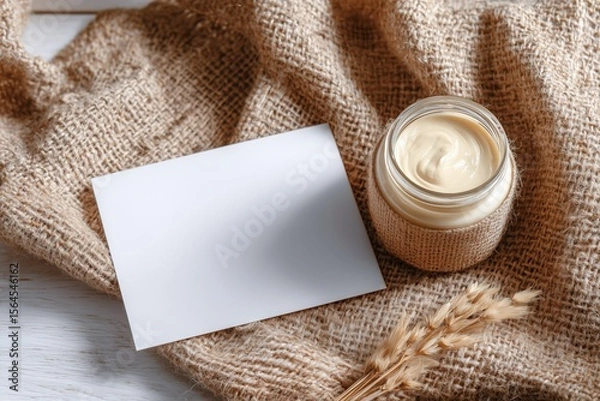 Obraz Natural cream jar on burlap with blank card flatlay