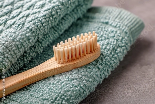 Obraz Eco bamboo toothbrush on folded green towels