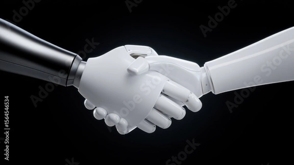 Obraz Symbolic handshake between black and white robotic hands