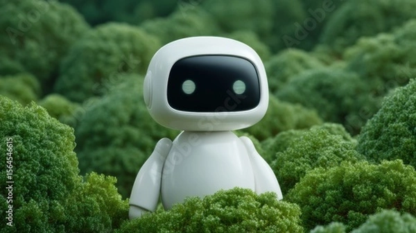 Obraz Cute robot exploring a lush green landscape