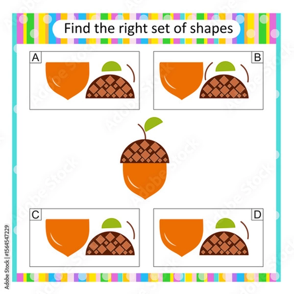Fototapeta Puzzle for children. Attention task. Find the correct set of cartoon acorn. Answer is D.