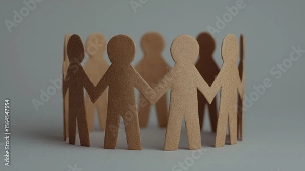 Obraz Paper cutout figures of diverse people holding hands in a circle symbolizing unity, teamwork, and community on a neutral background.