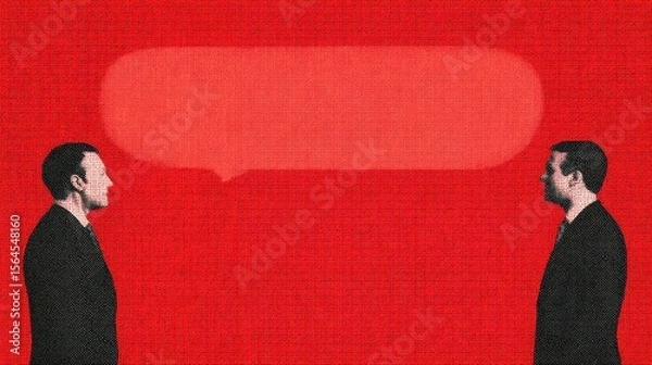 Obraz Two businessmen facing each other with a large speech bubble between them on a red textured background, symbolizing communication or negotiation.