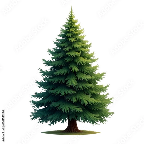 Fototapeta A tall green pine tree with a textured brown trunk isolated on transparent background