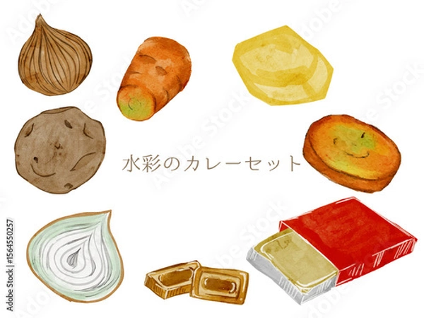 Obraz 水彩で描いたカレーセット固形の料理食材の水彩ベクターイラスト素材	一式